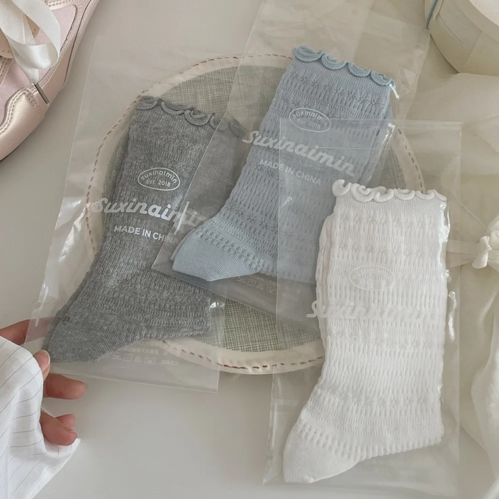 7 Pairs Women's Thin Mid-calf Socks Cotton Hollow Out Summer Mesh Breathable Socks with Ruffles Solid Color 2026 High Quality
