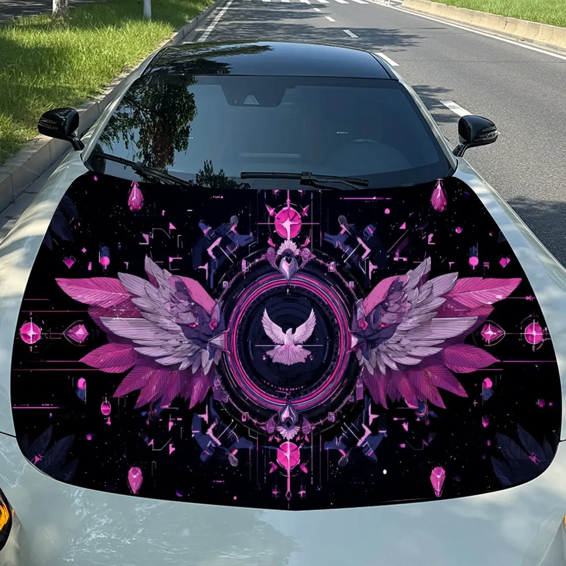 

Cyber Pink Wings Car Vinyl Wrap, PVC Material Waterproof Car Hood Sticker, Self-Adhesive Scratch-Resistant Stickers for Engine C