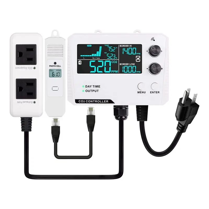A98E-Carbon Dioxide Controller Dual Channel Split Probe CO2 Monitor CO2 Pressure Reducer Valve For Greenhouse US Plug D