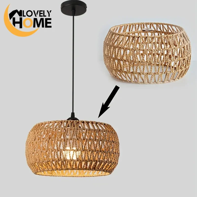 

Rustic Handwoven Rattan Rope Lampshade Pendant Lights Drum Shape Hollow Design with E26/E27 Base Hanging Lamps for Home Decor