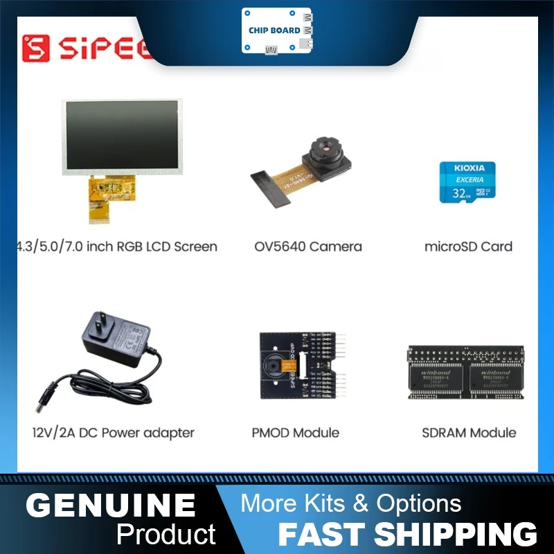 Sipeed Tang Mega 138K Dock accessory pack including TF card, display, PMOD modules, power supply, and camera attachments.