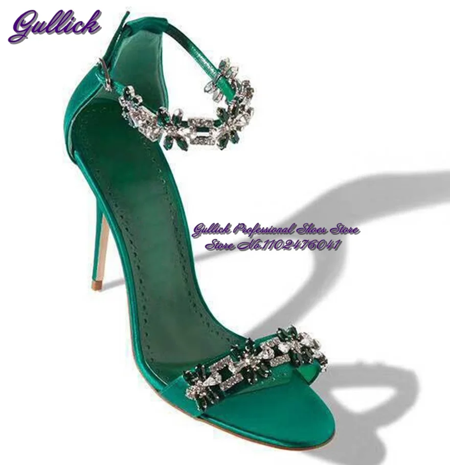 Gullick Emerald Green Satin Cloth Crystal Beaded Flower Sandals Bling Bling Rhinestone Floral Wedding Shoes 10cm 8cm Stilettos