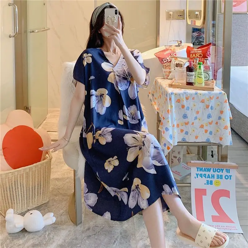 Summer Nightgown Women Cotton Sleepwear Short Sleeve Dresses Night Gown Print Homewear Loose Korean Fashion Dress New