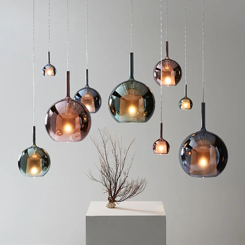 Nordic Gradient Glass Bubble Pendant Lights LED Chandeliers for Bedroom Kitchen Home Staircase Restaurant Bedside Decor Lighting