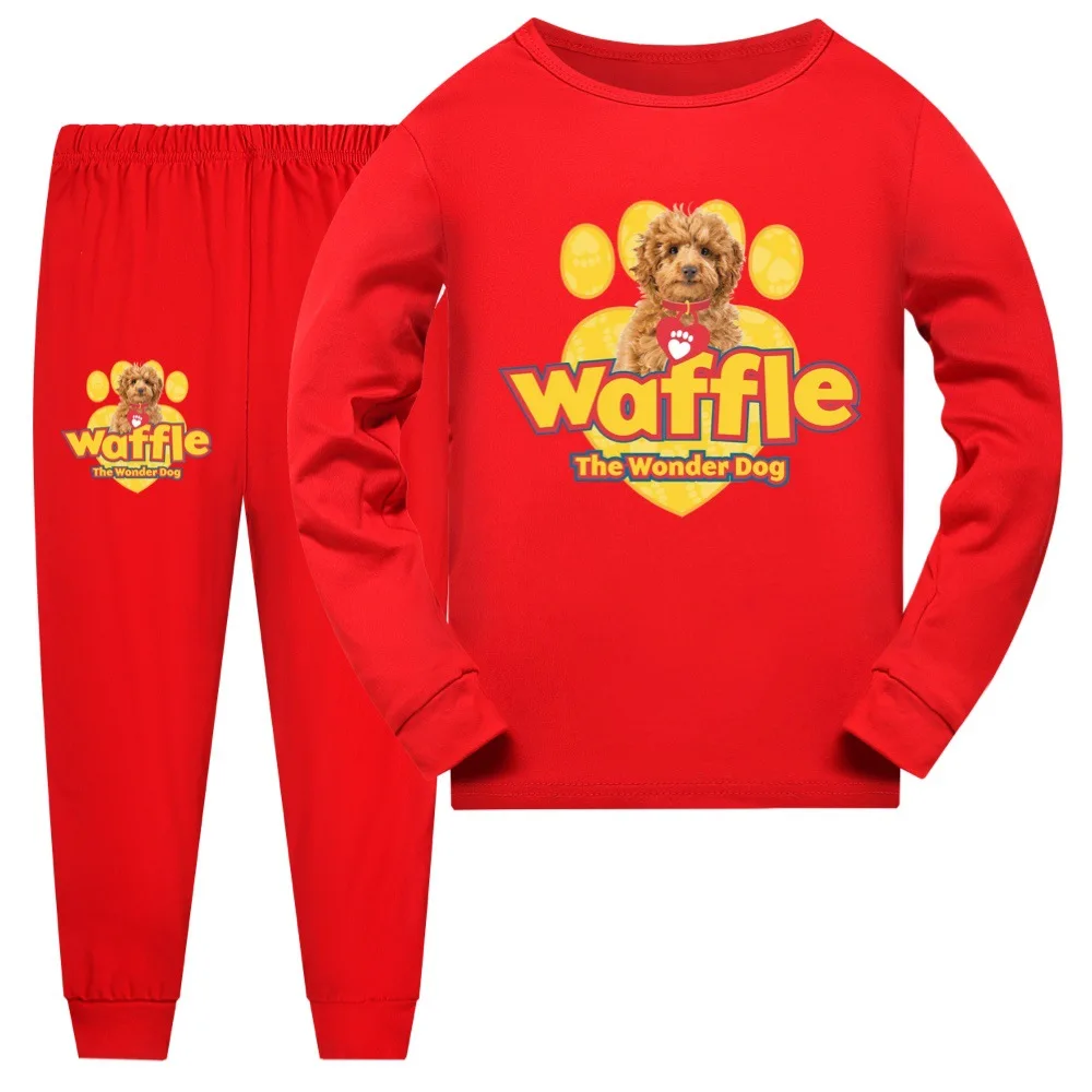 Cartoon Waffle The Wonder Dog Clothes Kids Fall Pajama Sets Baby Girls Long Sleeve Tops Pants 2pcs Set Teen Boys Daily Sleepwear