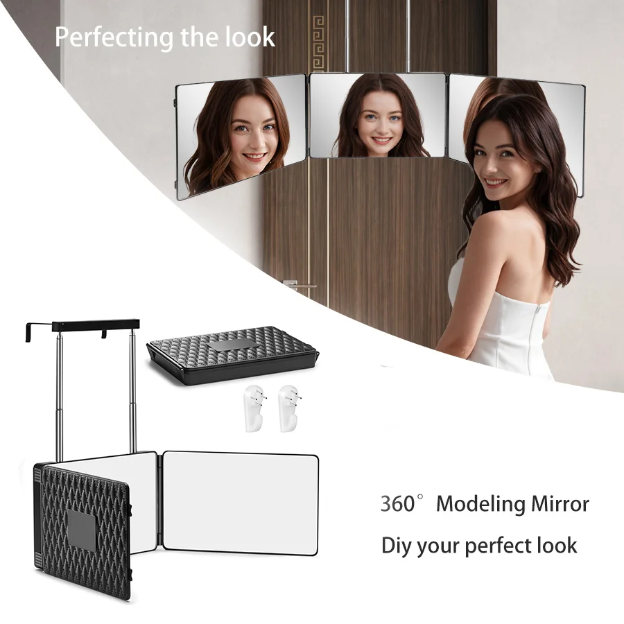 Mini Miroir de Maquillage à 3 Voies avec Réglage de la Luminosité LED, Coupe de Cheveux à 360, Rasage Seul