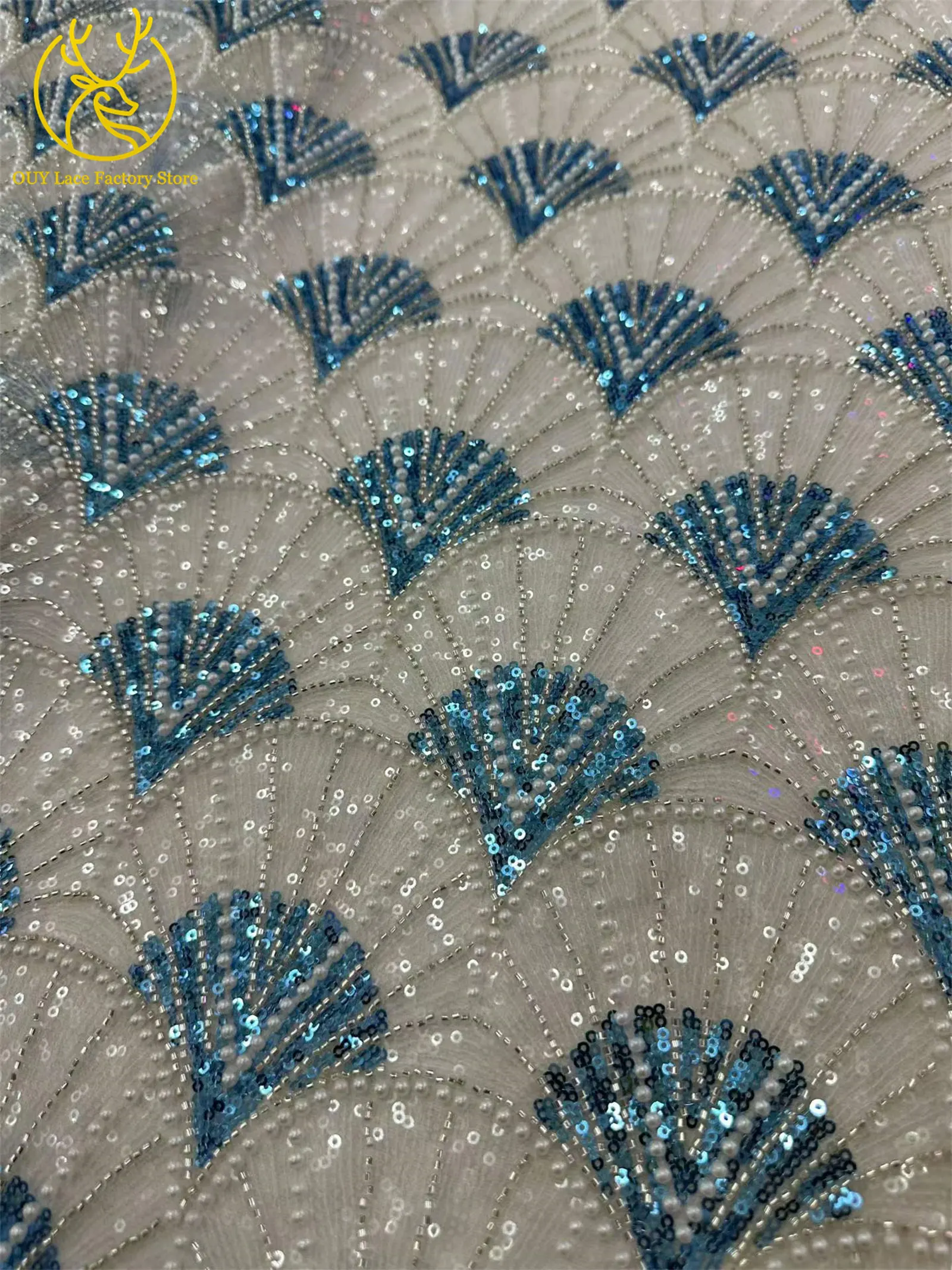 5 Yards Afrikanischer Pailletten-Perlen-Spitzenstoff Hochwertiger Französischer Tüll-Spitzenstoff Nigerianischer Spitzenstoff für Partykleider und Näharbeiten – Detail 6