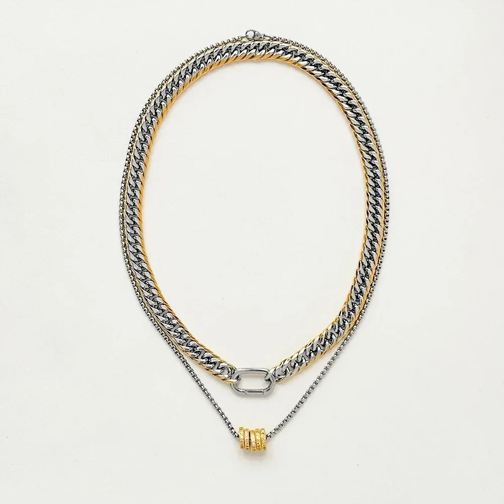 2024 New Design Jewelry Waterproof 18k Gold Plated Stainless Steel Two Tone Cuban Chains Choker Zircon Charm Necklace for Women