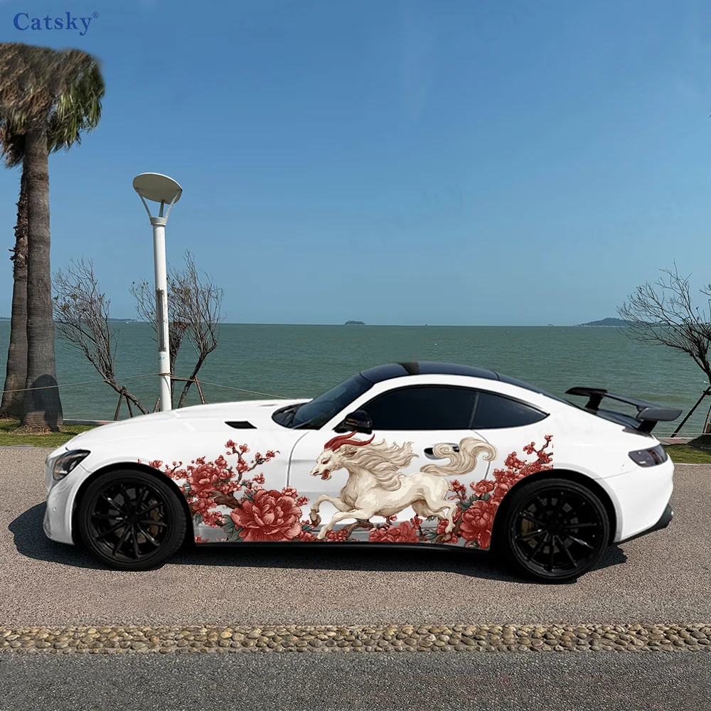 

White Horse Peony Flower Car Vinyl Wraps Decal Self-adhesive PVC Sticker Suitable for Trucks SUV Decor Auto Accessories Gift