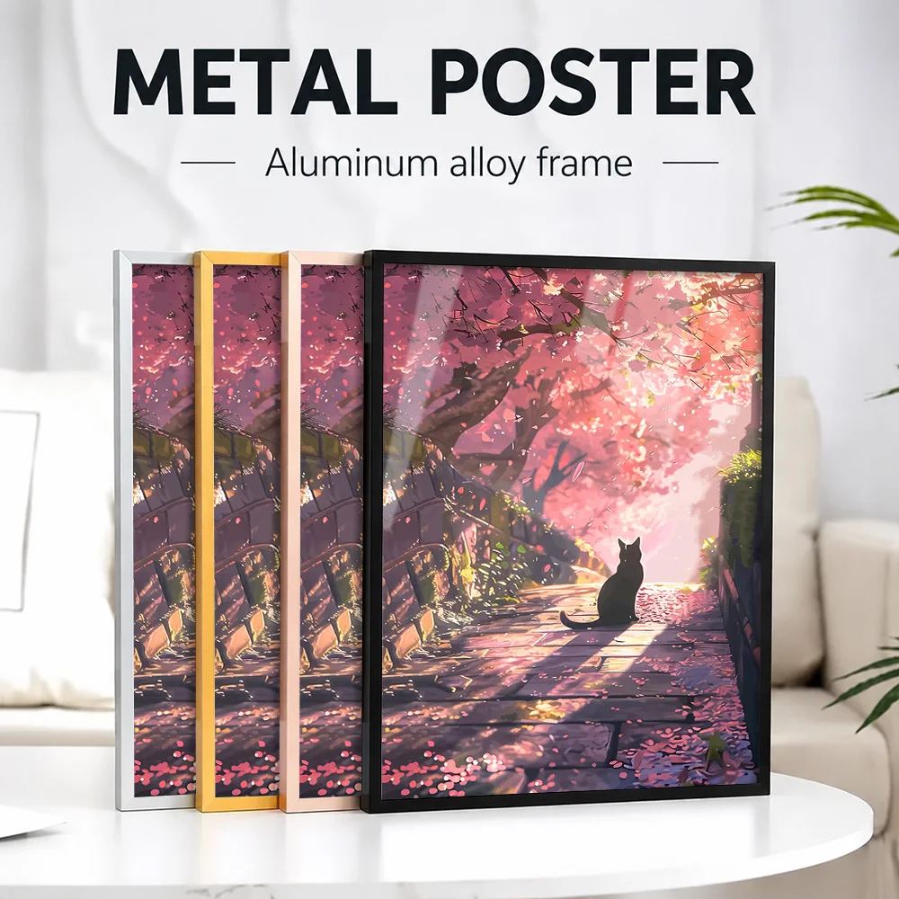 Black Cat Under Cherry Blossom Tree Framed Metal Print Customized Photo Playful Style Wall Art For Kids Room Animal Lover Gift