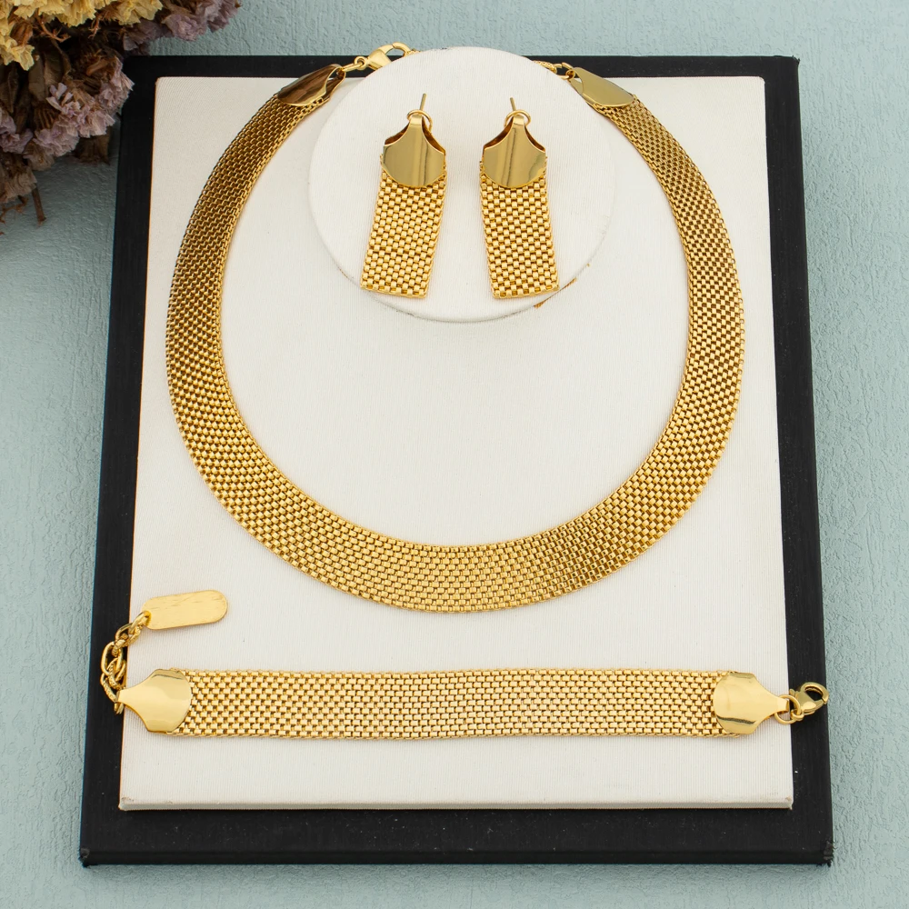 

Fashion African Jewelry Set for Women Chunky Necklace 18K Gold Plated Earrings Bracelet Dubai Chain Jewellery Italian Party Gift