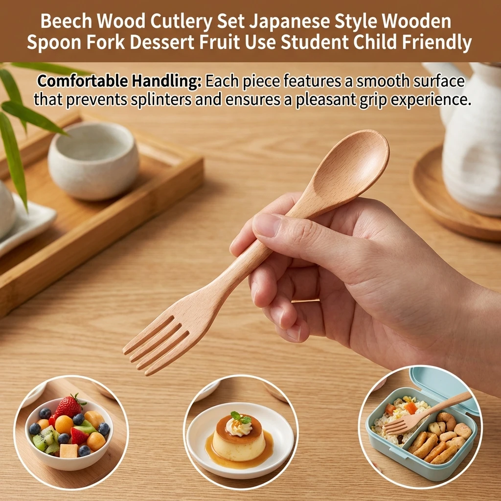 Double-headed Beech-Wood Cutlery Spoons Forks Dessert Fruit Use Suitable for Student Child Kids