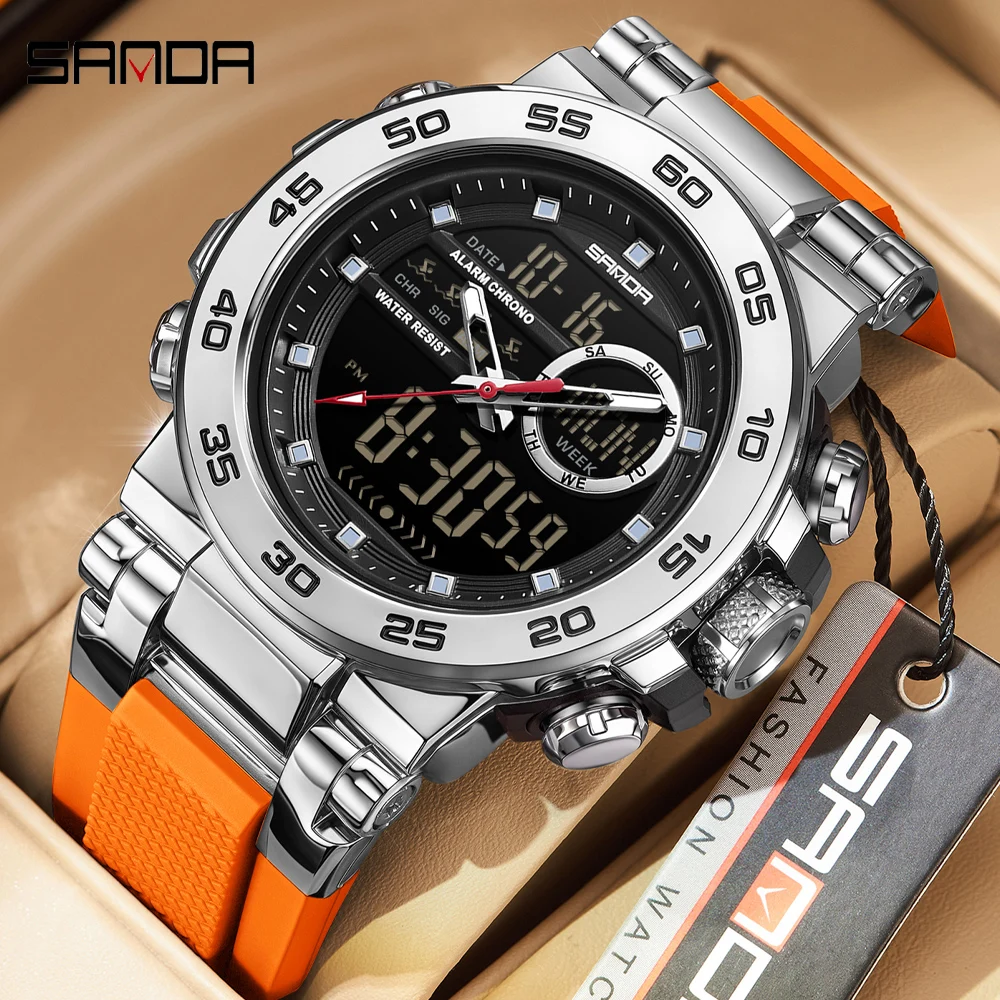 

SANDA светодиодные роскошные мужские часы светящиеся двойной дисплей времени цифровые часы с датой недели электронные мужские часы кварцевые Reloj
