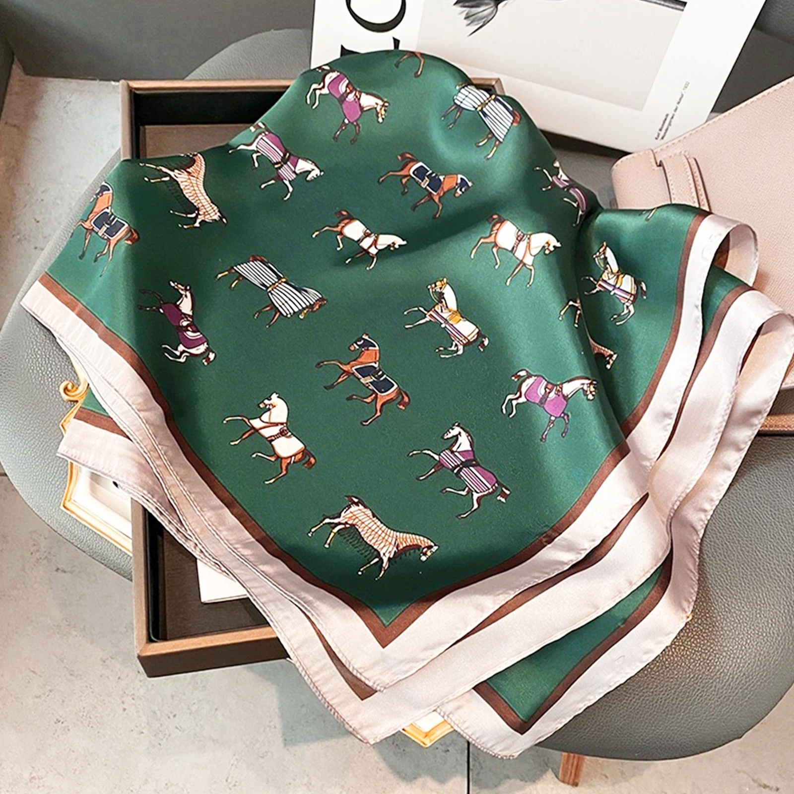 70X70CM Kerchief Luxury Sailboat Print Shawls Four Seasons Square Headcloth Fashion Silk Scarves Popular Sunscreen Small Scarf