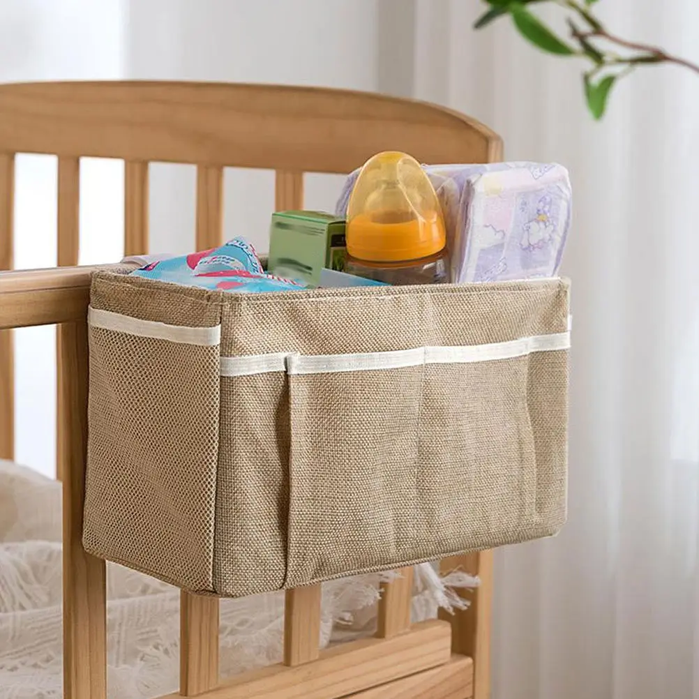 Dormitory Bedside Hanging Storage Pouch with Front Dual Pockets Side Mesh Compartments for Remote Charger Headphones Books