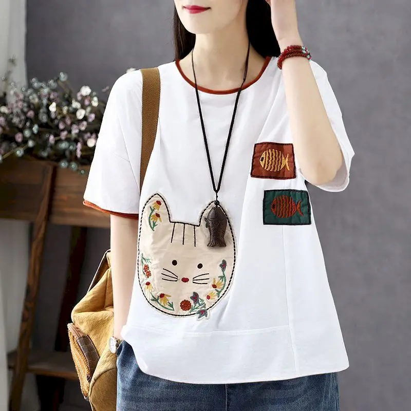 코튼 레트로 문학 티셔츠 여성 캐주얼 반소매 티셔츠 여름 라운드 넥 5 점 슬리브 루스 올 매치 여성 톱