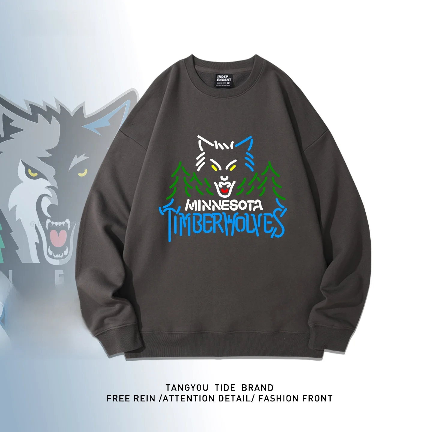 

American Retro Baskeall Forest Wolves round Ne Sweatirt Men's Loose Autumn Winter Casual Jaet Trendy Cotton Fabric