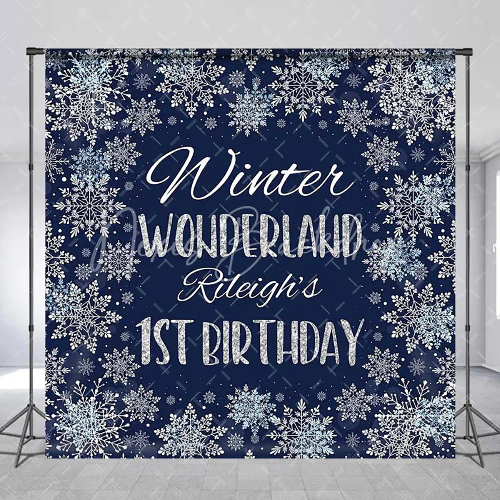 Custom Name Blue Snowflake Boy 1st Birthday Backdrop, Winter Frozen Photography Background Photo Booth Studio Decoration