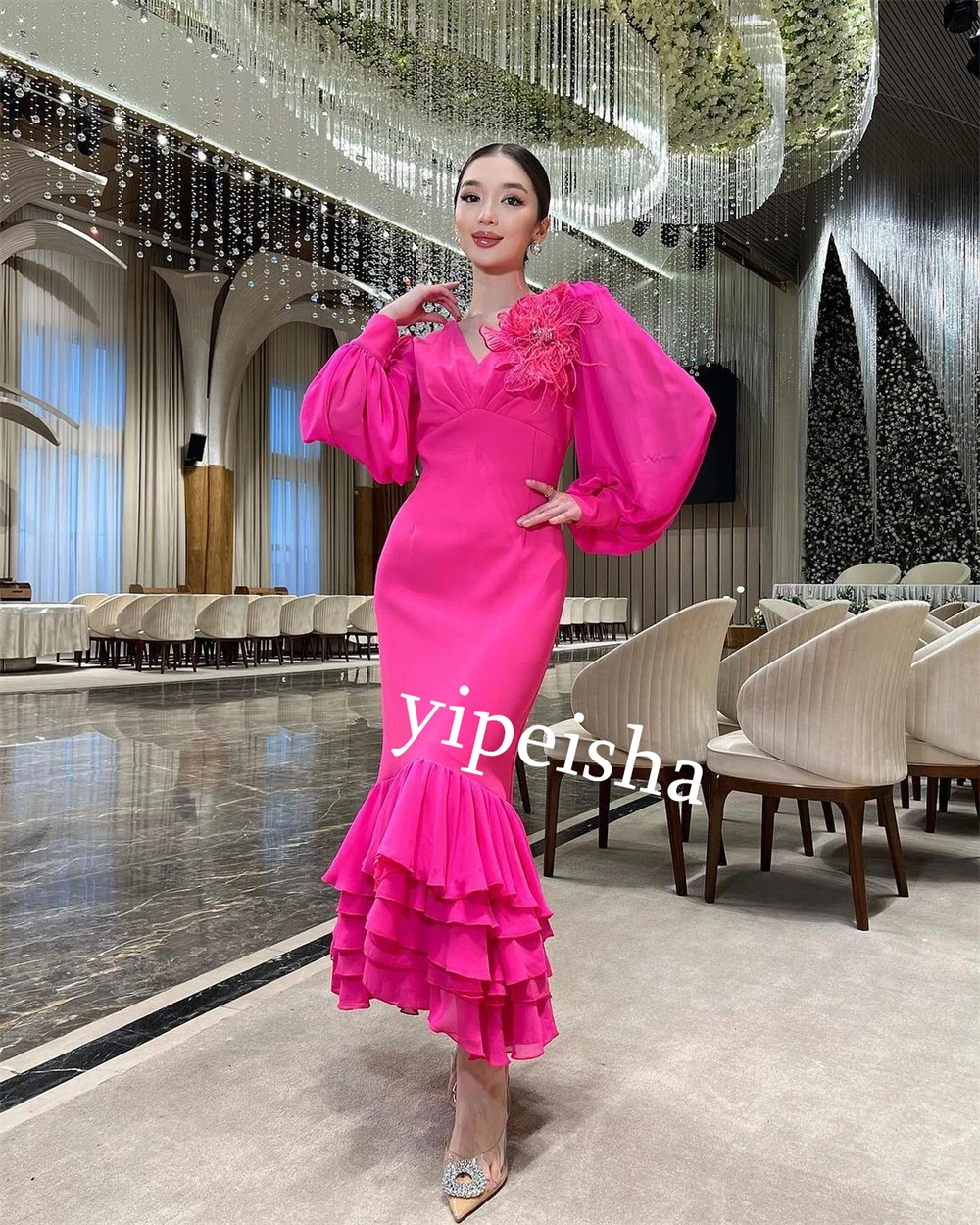 Jiayigong-vestido personalizado de gasa con flores para graduación, trompeta, cuello en V, para ocasiones a medida, Mini vestidos de Arabia Saudita