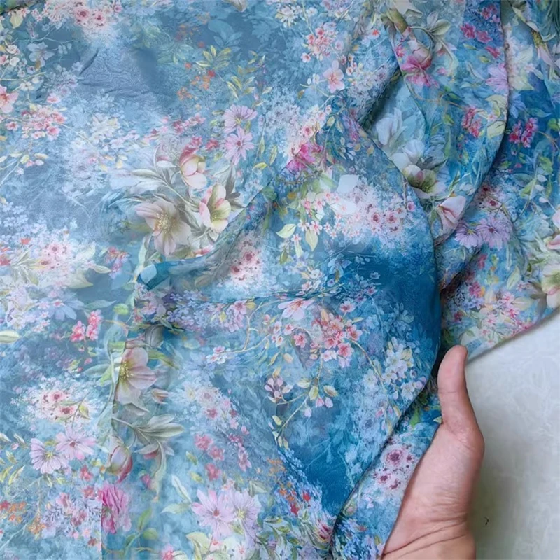 Haitang Flower Blue Printed Georgette 10 Momme 100% Silk Thin Transparent DIY Summer Women's Clothing Pure Silk Chiffon Fabric