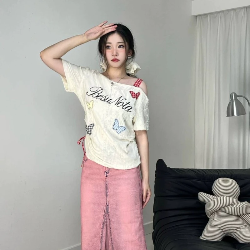 Retro Butterfly Printing Off-shoulder Women's Short-sleeved Top New Irregular Lace-up Hot Girl Slanted Shoulder T-shirts Ladies