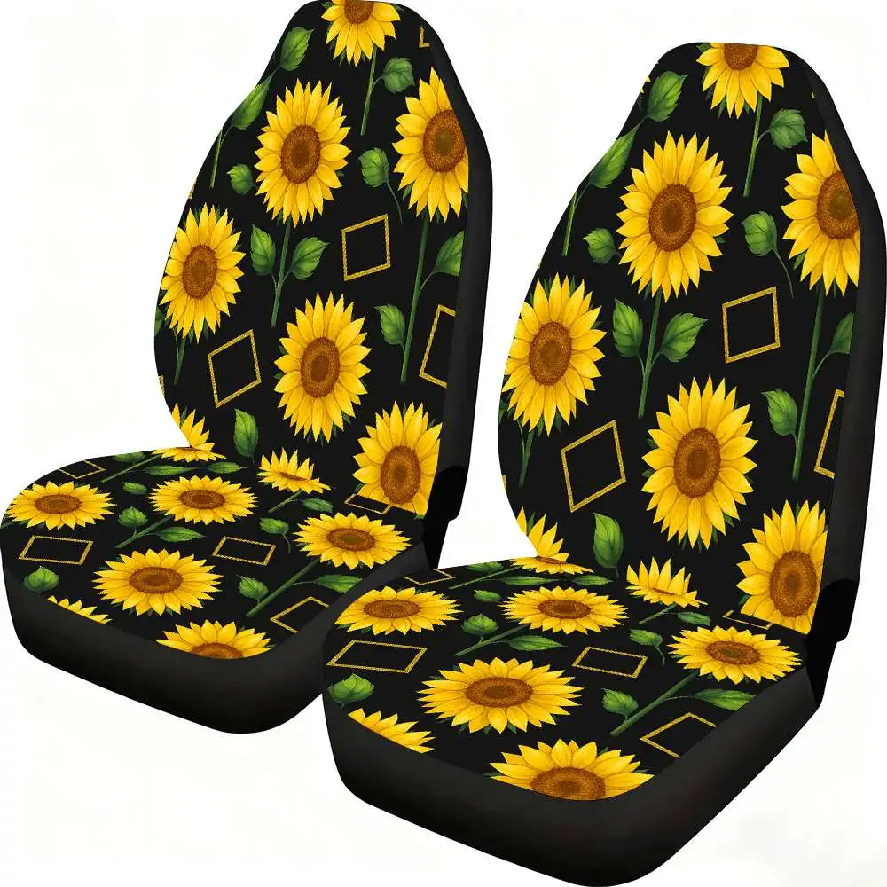 2pcs Bright Sunflower Car Seat Covers Suitable For Front Seats, High Back Design, Material, Suitable For Cars, SUVs And Trucks,
