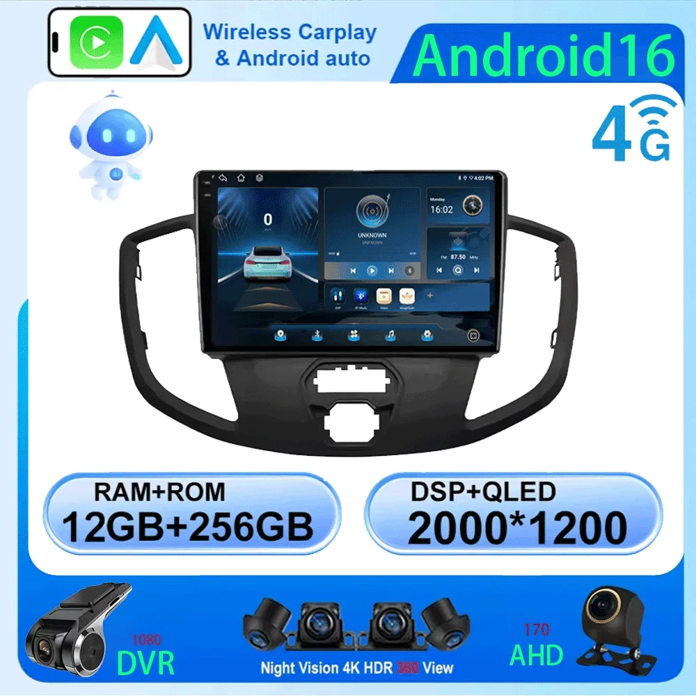 Car Radio Android 16 Carplay Auto For Ford Transit 2015 2016 2017 2018 Multimedia Video Player GPS Stereo 2din WIFI+4G Head Unit