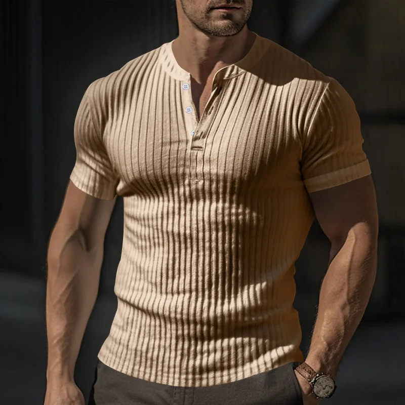 Summer New Men's Pullovers Solid Color V-Neck Button Screw Thread Casual Versatile Slim Short Sleeve Handsome T-shirt Tops