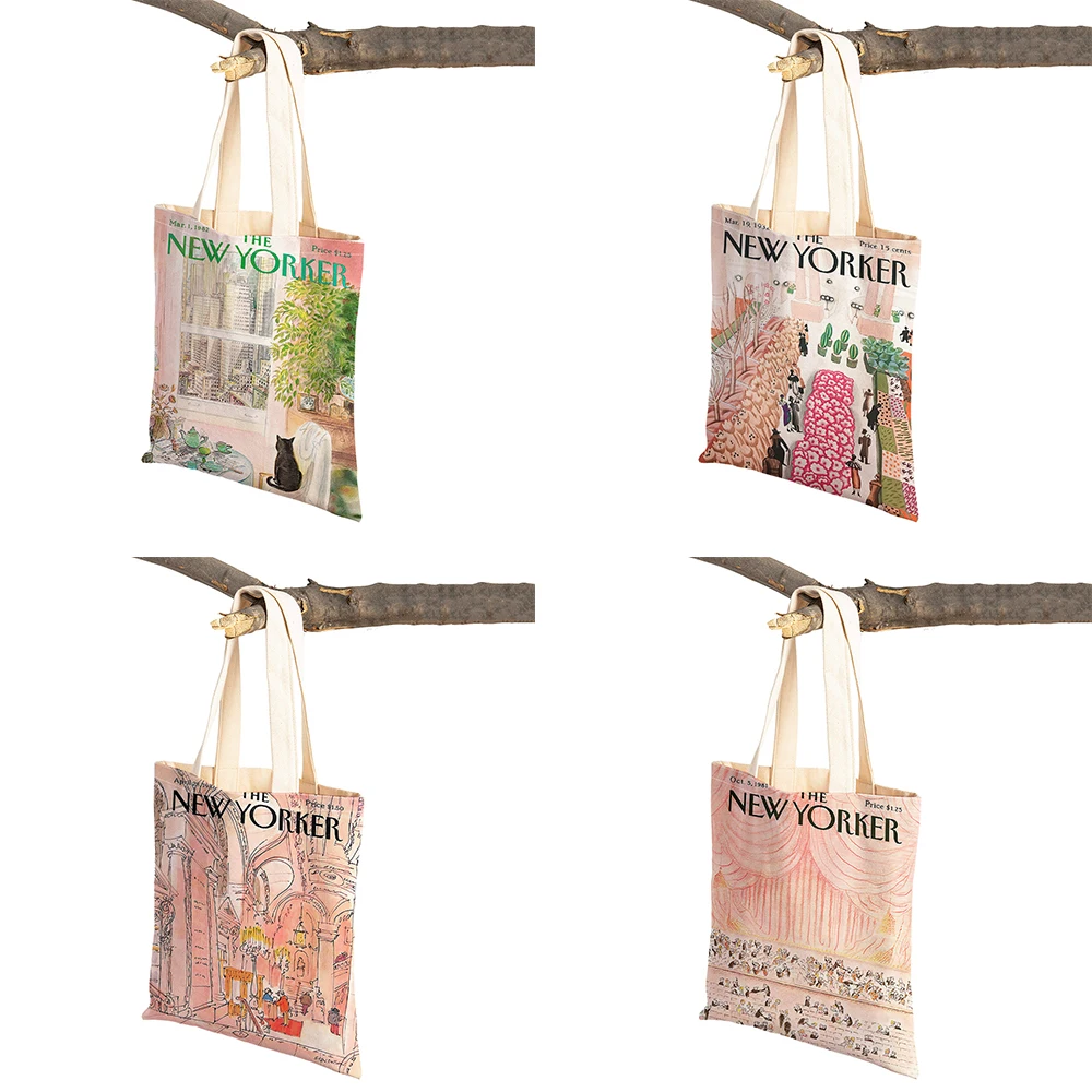 Nordic The New Yorker City Magazine Women Shopping Bags Double Print Casual Shopper Bag Lady Linen Tote Leaf Travel Handbag