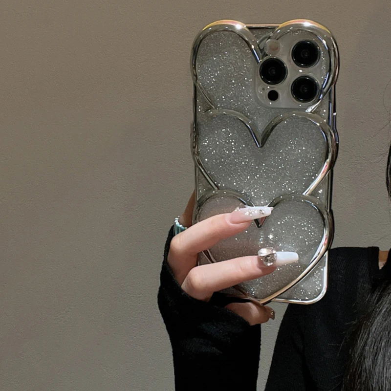 Korean Glitter Silver Overlapping Plating Love Heart Phone Case For iPhone 16 15 14 13 12 11 Pro Max Plus Trendy Girl Back Cover