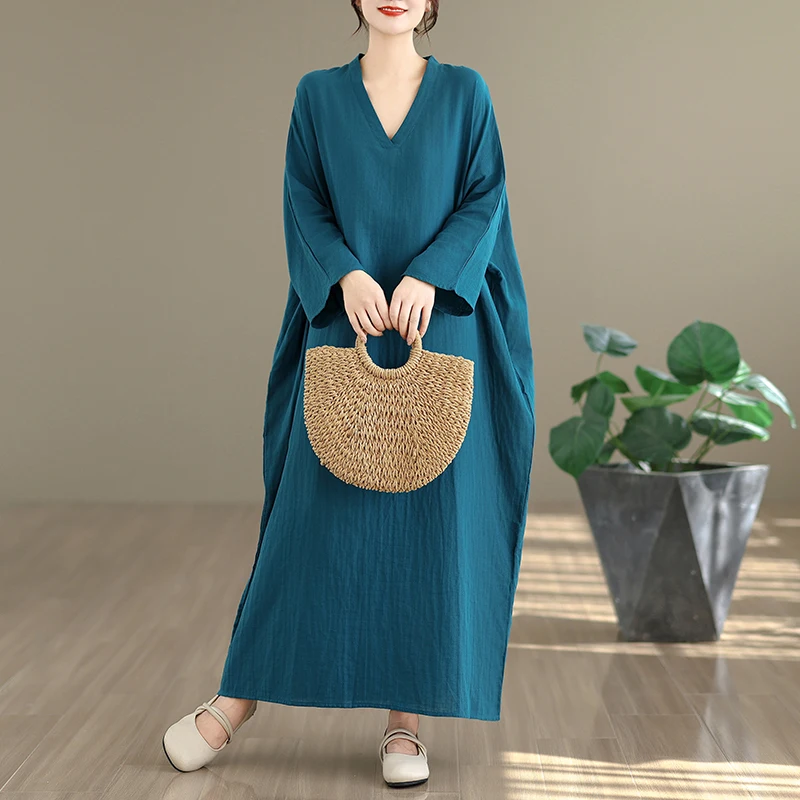 Vestido Longo Retro de Aodão e Linho com Estampa Floral em Cores Sólidas para Viagem, Estilo de Férias, Decote em V, Disfar...