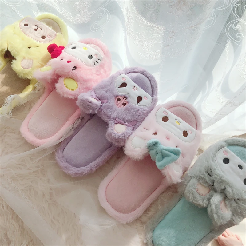 Kawaii Kuromi My Melody Cartoon Slippers Women Girl Anime Flat Peep Toe Plush Indoor Shoes Non-slip Casual Pink Spring Autumn