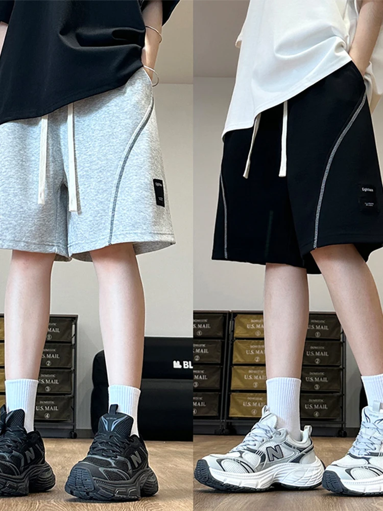 American Style Heavyweight Black Sporty Men's Shorts Summer Outdoor Wear Straight Leg Five-Quarter Casual Patchwork Sweatpants