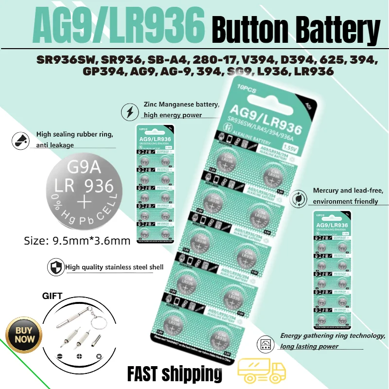 

2-100PCS AG9 LR936 1.55V Button Cell Battery 394 SR936SW CX194 LR45 G9A 194 936A Cell Coin For Watch Toys Remote Clock LED light
