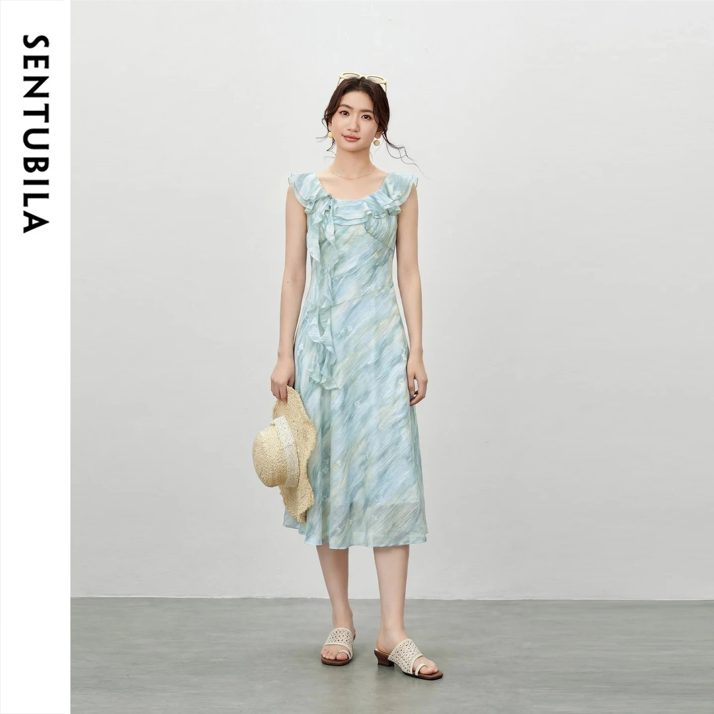 SENTUBILA U-Neck Dress for Women 2026 Summer Elegant Vacation Style Ruffle Sash Ombre Print Flutter Sleeve Long Dress 162LI7263