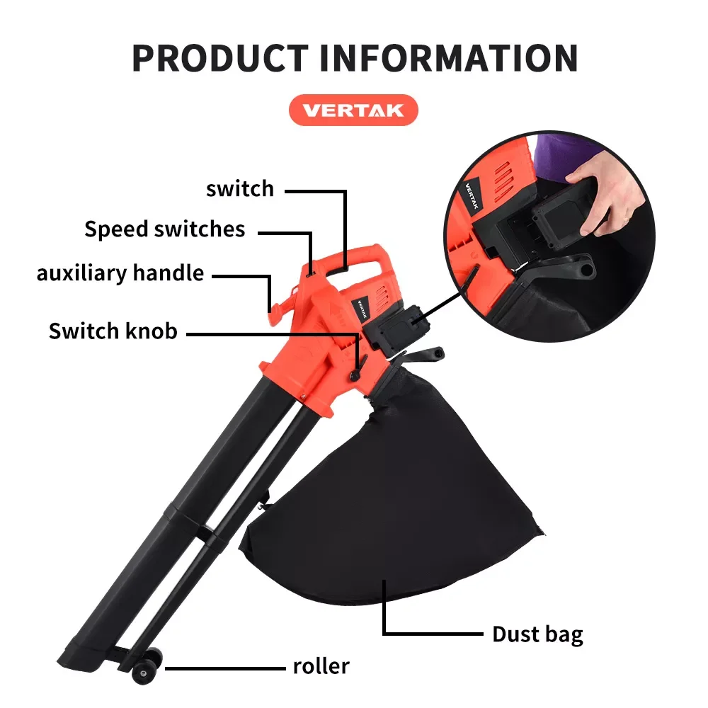 Vertak 3 in 1 Battery Powered Electric Blower Cordless Leaf Blower & Vacuum Mulcher with 35L Bag