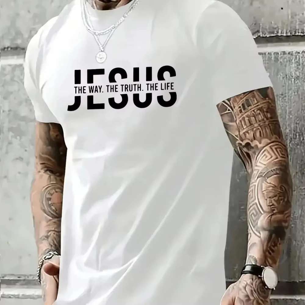 T-shirt décontracté ample à col rond en fibre de polyester pour homme, imprimé « Jesus Way Truth Life », idéal pour les activités sportives en extérieur – Collection Été 2026