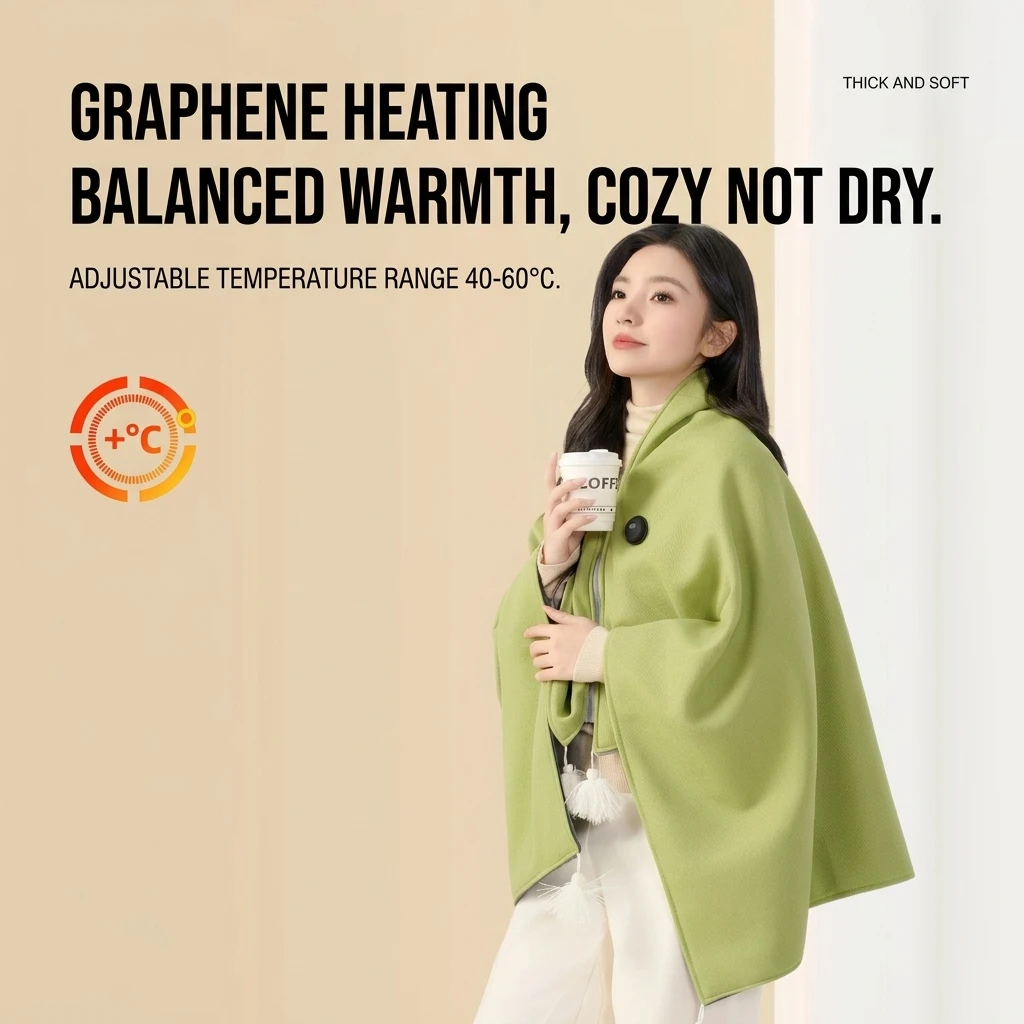 Heated Shawl Blanket Fast-Heating Graphene Throw for Office Home Adults USB Powered Warm Cape with Digital Temp Control