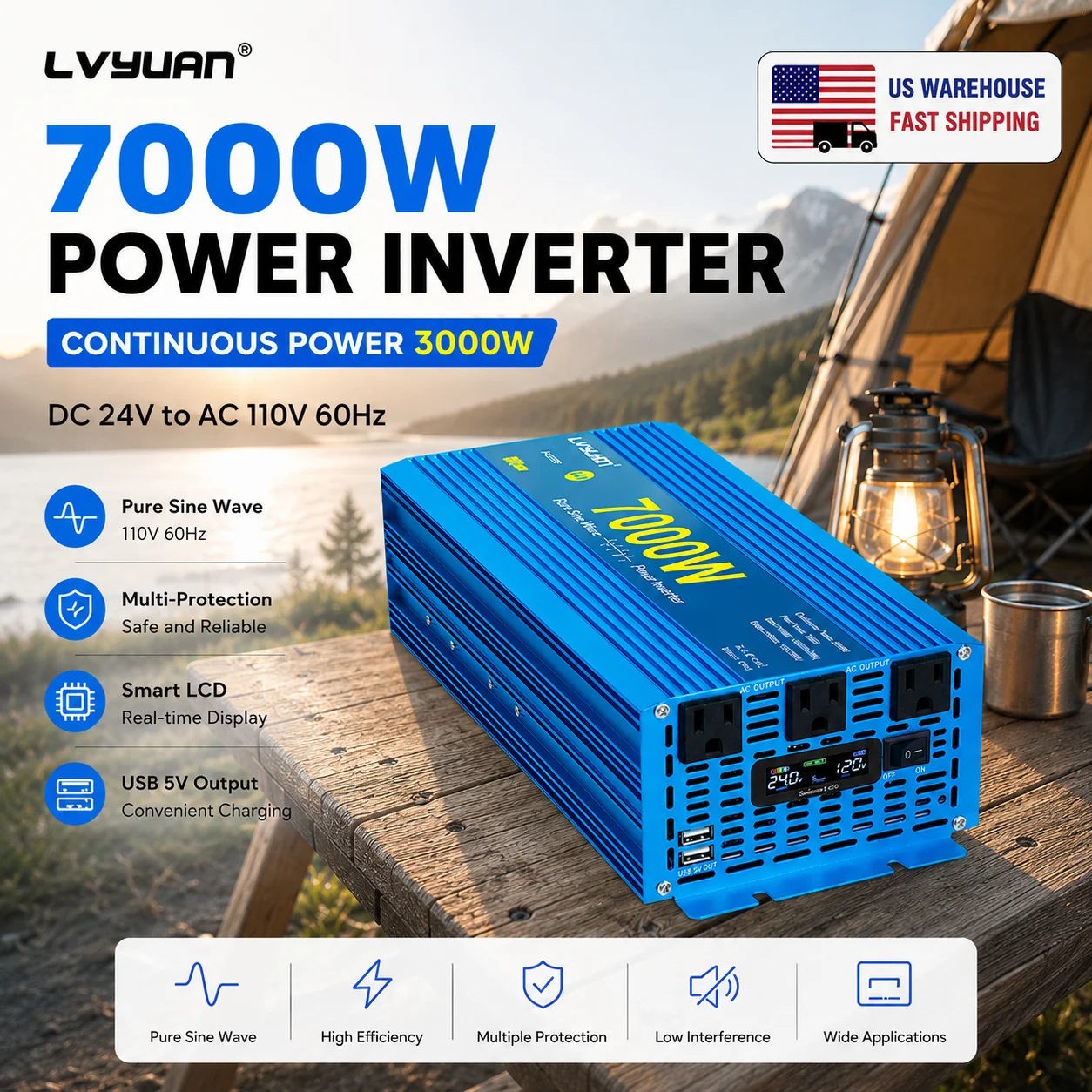 4000W 5000W 7000W Pure Sine Wave Power Inverter DC 12V 24V to AC 110V 60Hz with LCD Display 3 AC Outlets 2 USB Ports Voltage Converter for RV Car Truck Camper Solar Power System Home Backup Emergency Camping Off Grid Power Supply