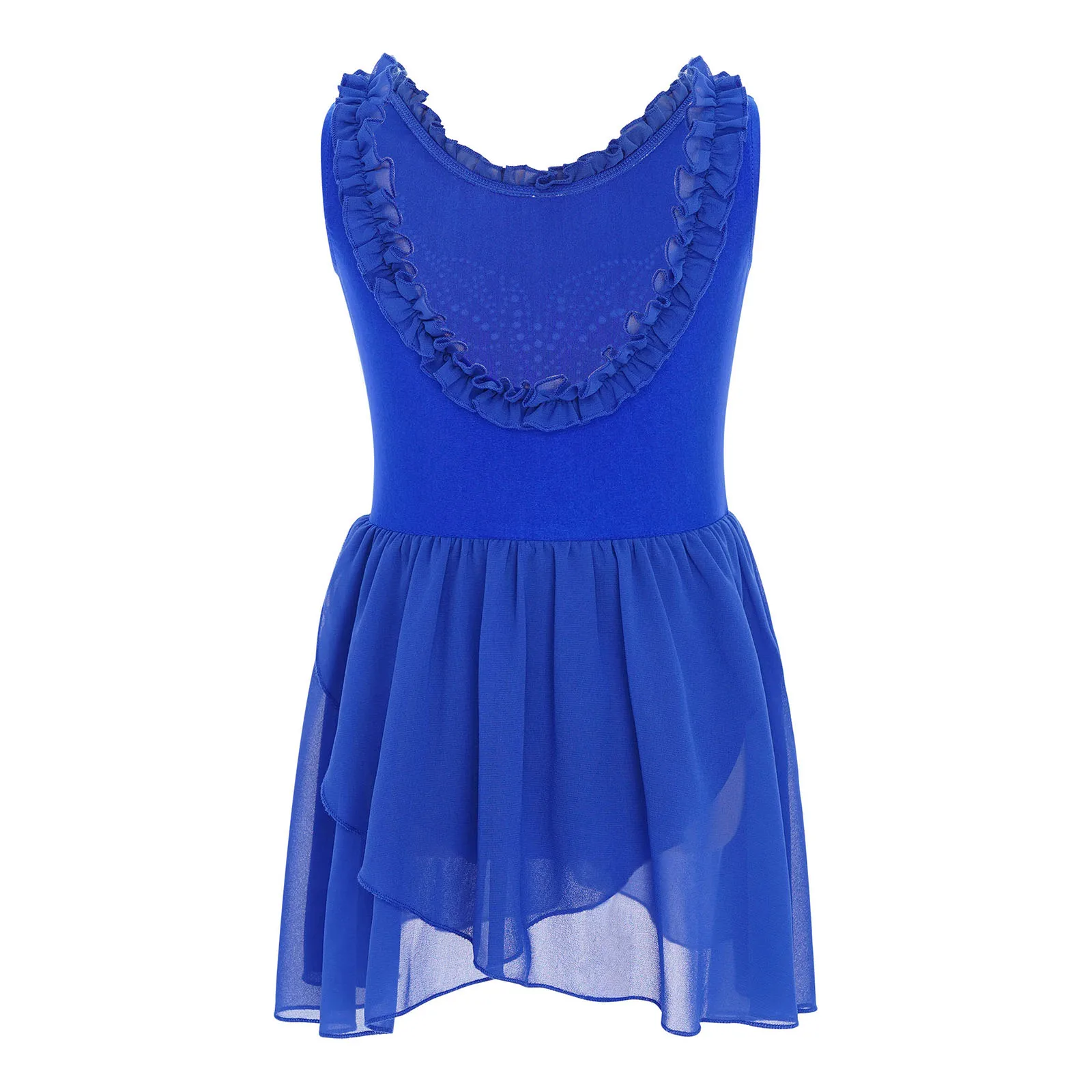 فساتين رقص الباليه للأطفال البنات بأحجار الراين المتلألئة وياقة مكشكشة بدون أكمام على شكل حرف U من الخلف لمنافسة الأداء