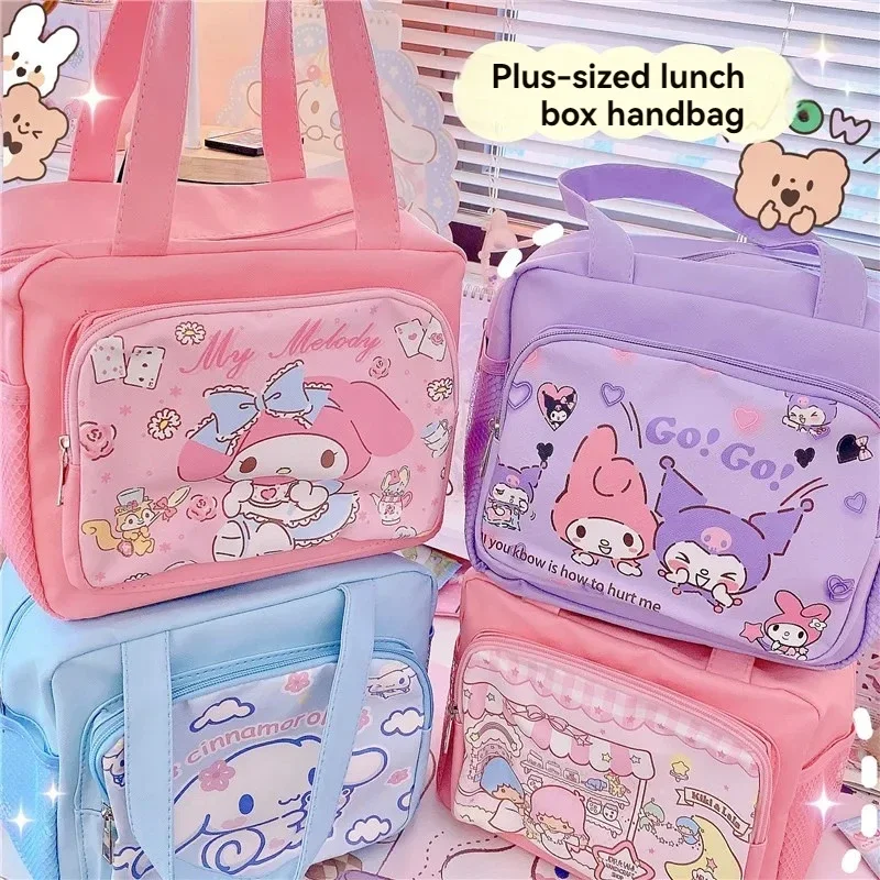 

Sanrioed Cartoon Large Lunch Box Bag Pink My Melody Cinnamoroll Kuromi Purin Dog Kawaii Multi-pocket Organizer Tote Plaid Bag