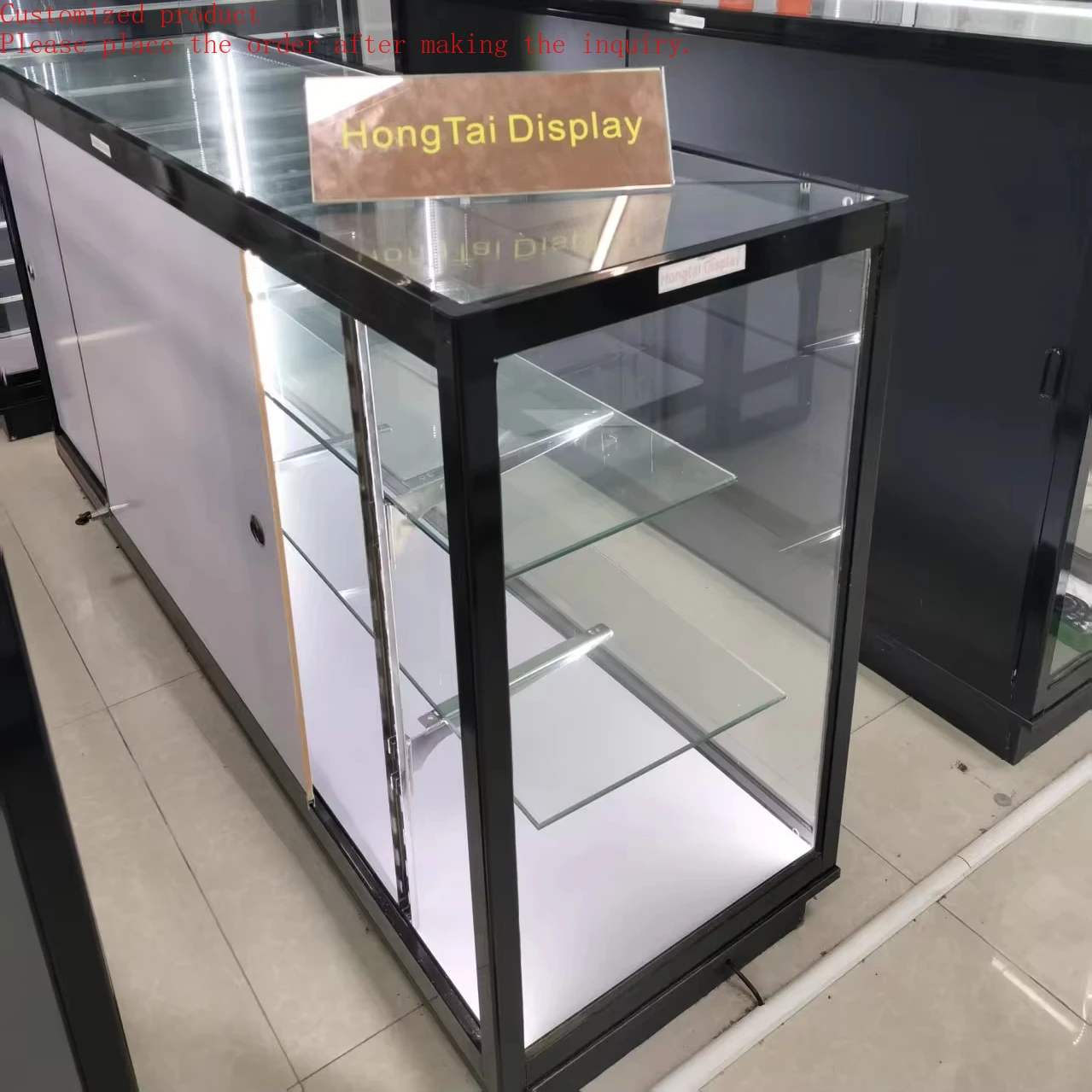 

Custom.Fashion Design Manufacturer Raw Material Supplier Wooden Sliding Door With Strips Light Showcase Glass Counter