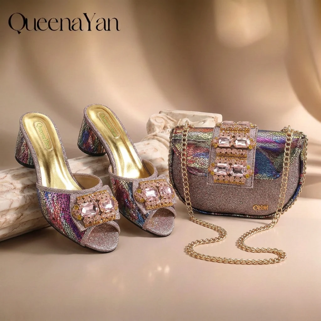 Women Rainbow Crackled Glitter Square Open Toe Slide Block Heels Rhinestone Buckle Matching Chain Handbag Set Elegant Shoe bag