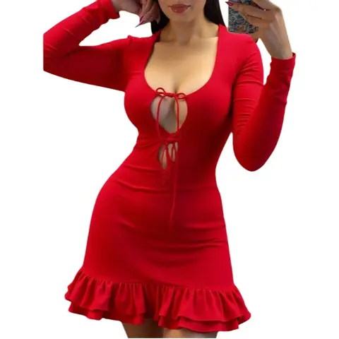 Women's Round Neck Sexy Nightgown Front Sleeveless Slim Color Women Red Long Sleeve Dress Front Party Outfit With Ruffles LH90