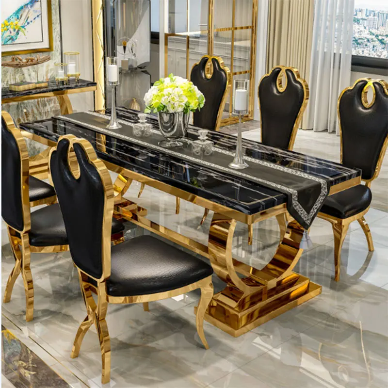 

Luxury Metal Dinner Table Modern Marble Top Home Hotel Restaurant square Dining Table and 6 Chair Set Dining Room Furniture