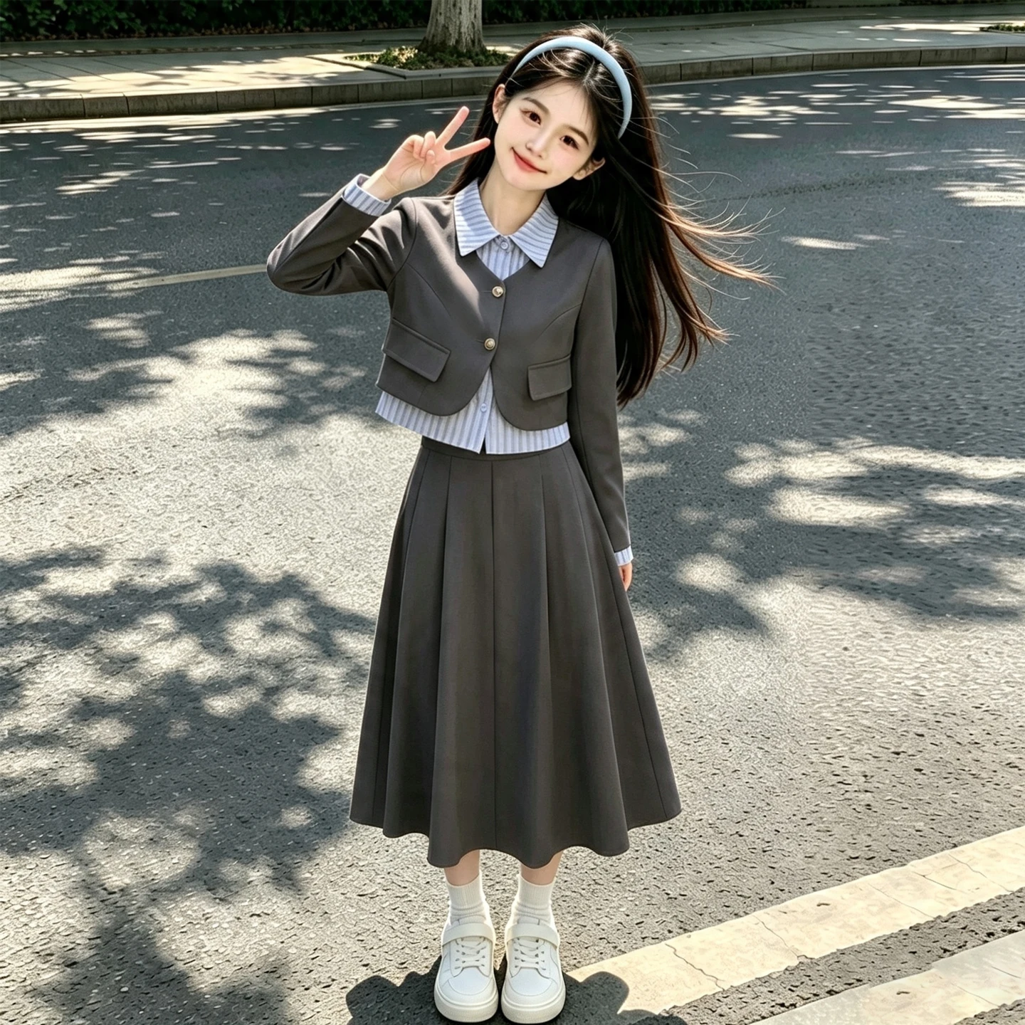 chic teen girls skirts clothes set Striped patchwork suit jacket Pleated long skirt junior kids Preppy style suit child outfits