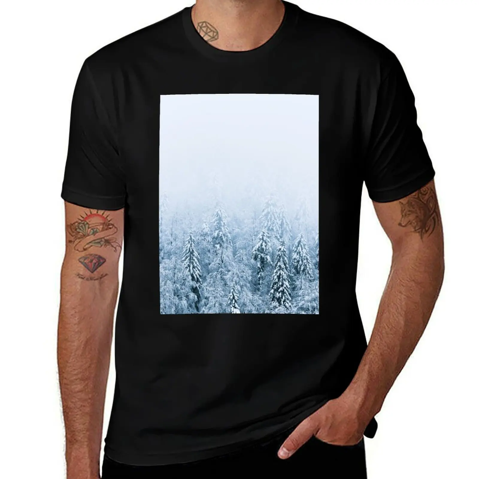 Snow covered beech spruce forest in fog T-Shirt Relaxed Fit Casual Short Sleeve Top T-Shirt