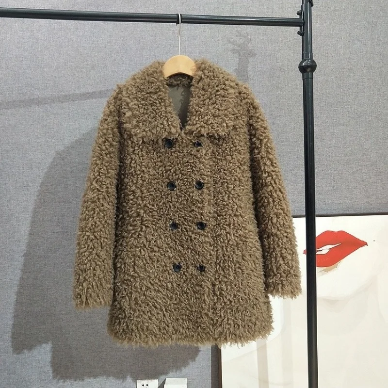 JT529 Women Wool Fur Jacket Mid-Length Double-Breasted Lapel Thickened Coat