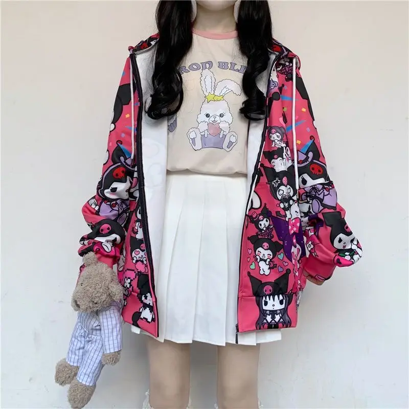 New Kuromi Cute Anime Student Loose Hoodies Y2k Zip-up Sweatshirts JK Thin Zipper Hooded Clothes for Women in Spring & Fall