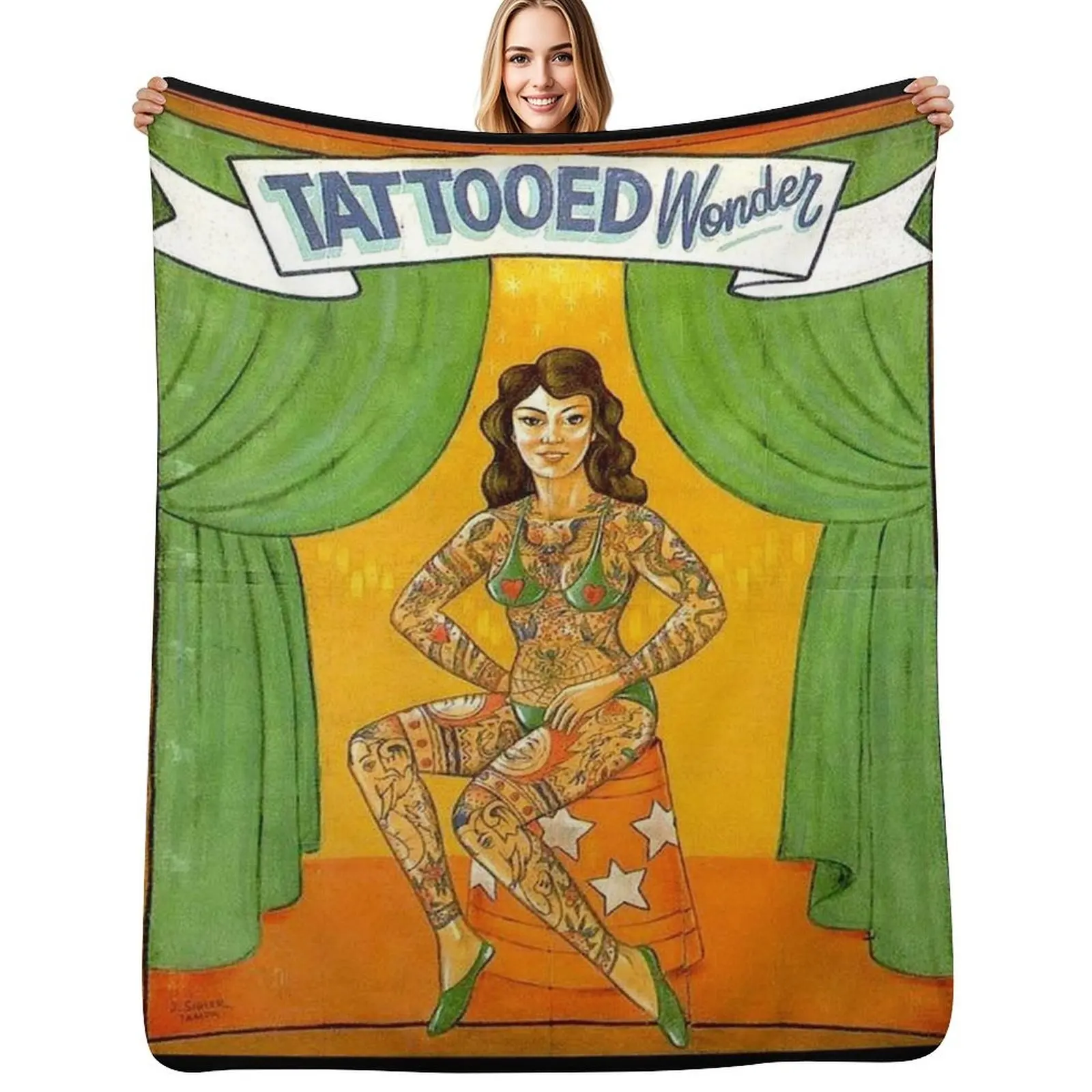 TATTOOED WONDER : Vintage Circus Sideshow Advertising Print Throw Blanket Thermal Sofas Single Designers Blankets